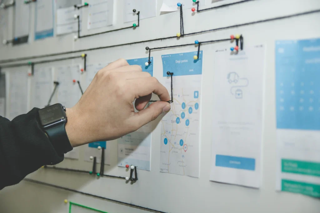 Connected interface screens on a project workflow board
