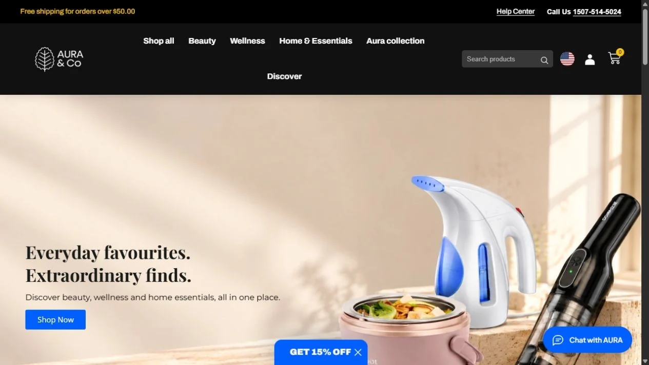 AURA and CO online store — live website screenshot