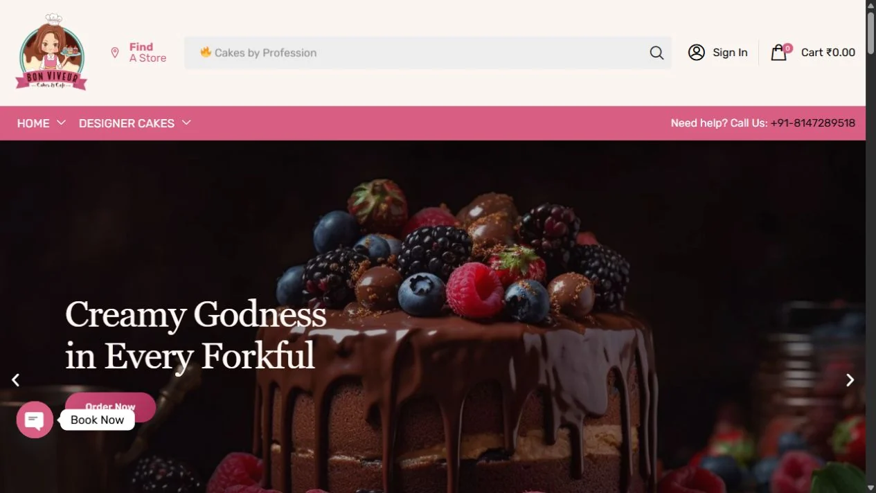 Bon Viveur cake store — live website screenshot