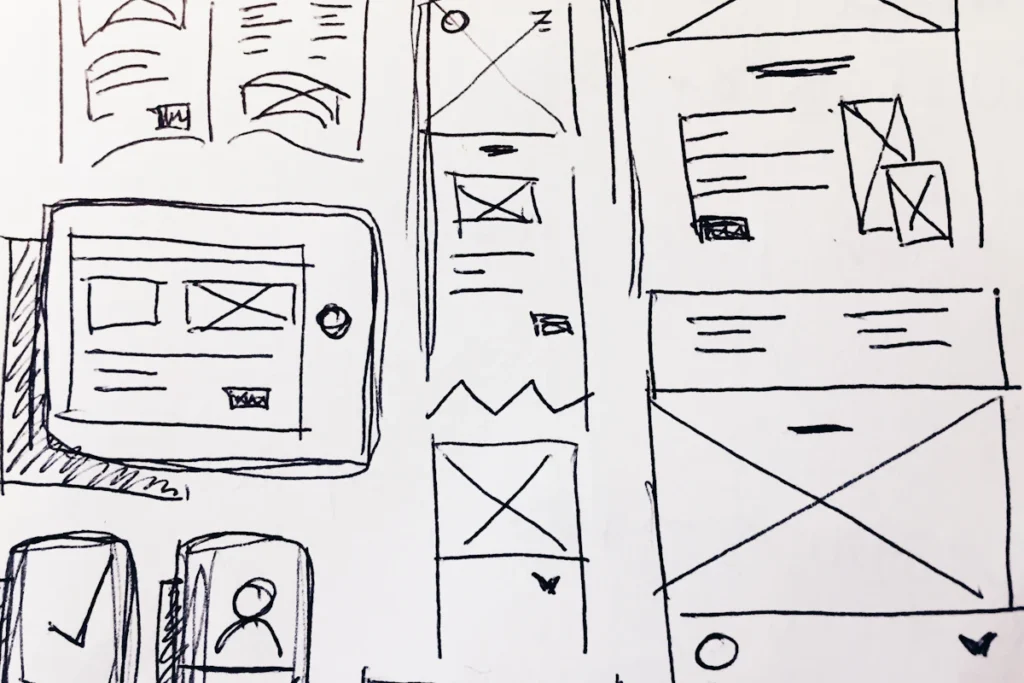 Hand-drawn website layouts used to plan page relationships