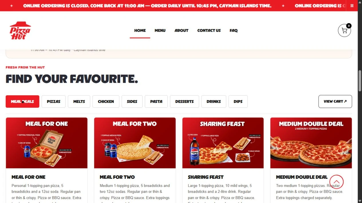 Pizza Hut Cayman product menu — live website screenshot