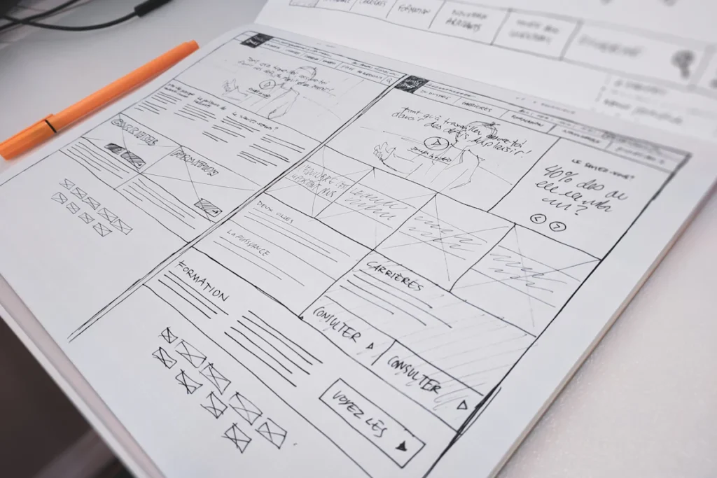 Hand-drawn website wireframe with an orange pen