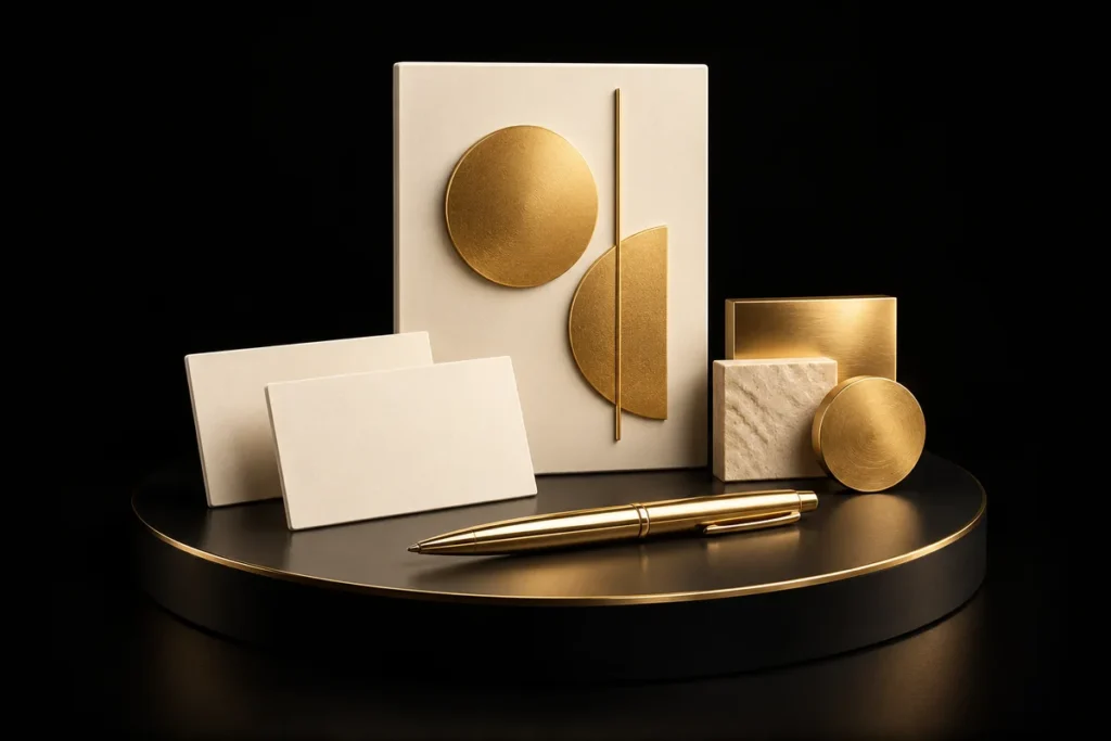 Cream presentation board, blank business cards and gold design tools