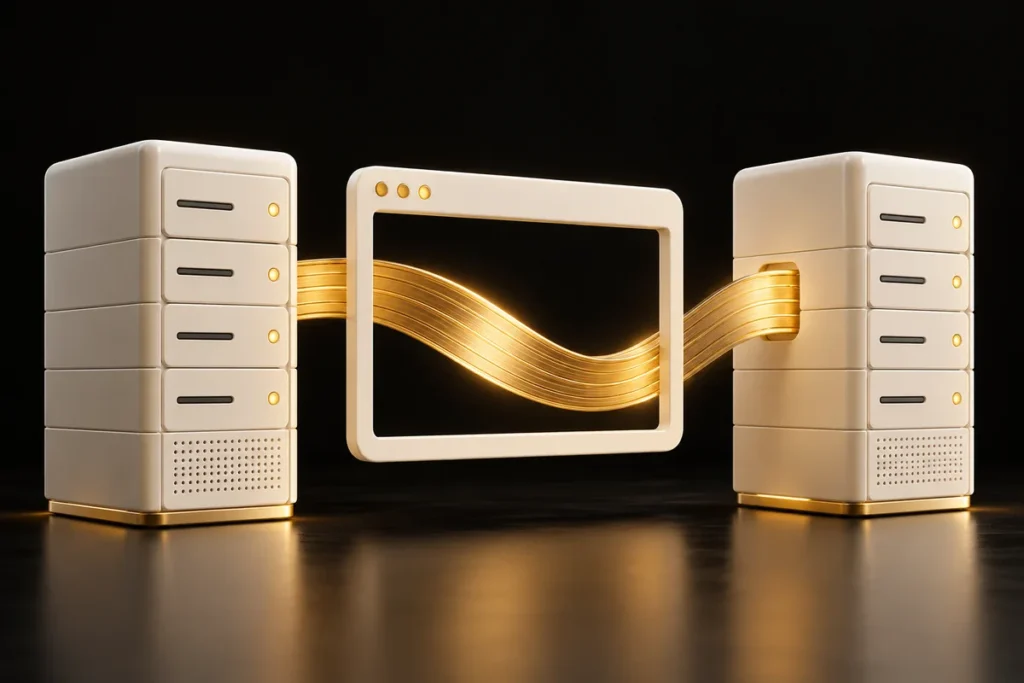 Two cream servers connected through a browser window by a gold ribbon