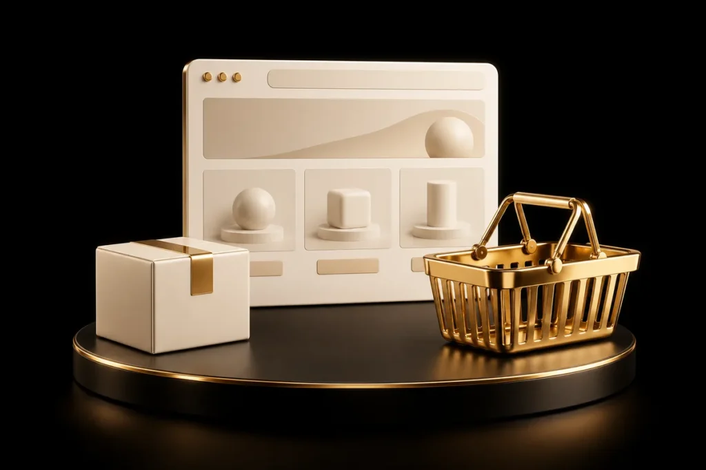 Cream online storefront with a gold basket and parcel