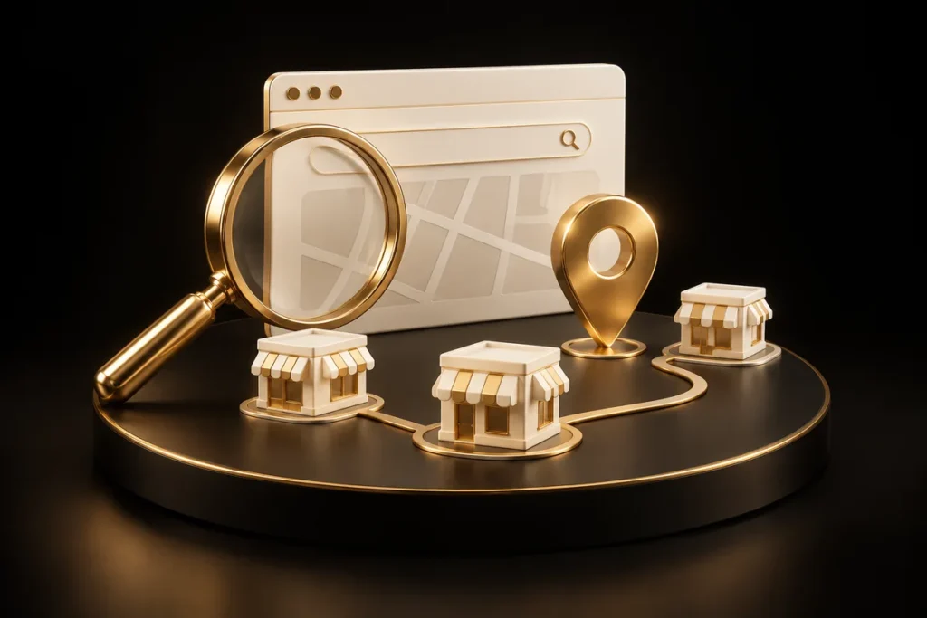 Gold magnifying glass and location pin with connected cream storefronts