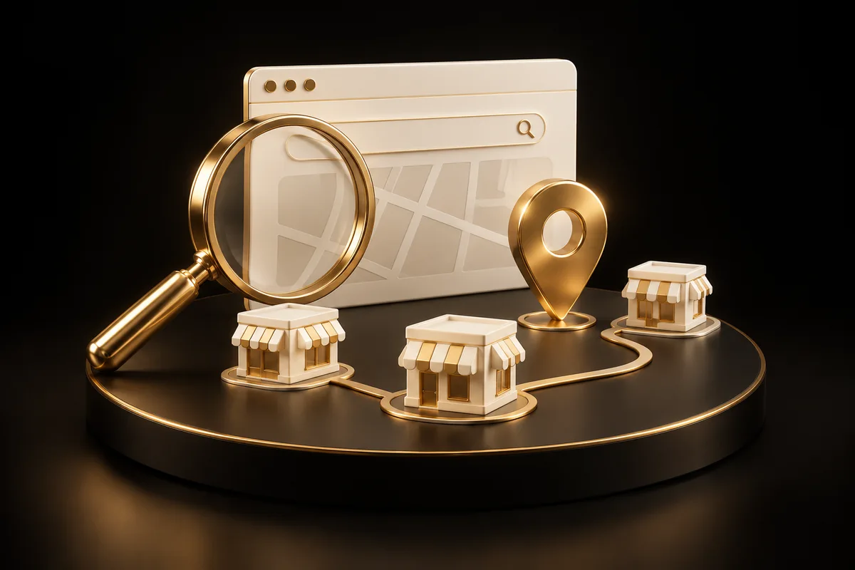Gold magnifying glass and location pin with connected cream storefronts