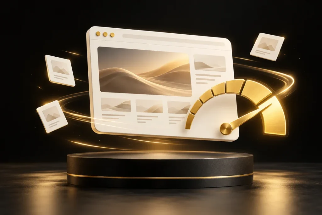 Cream browser window and gold speedometer representing website performance