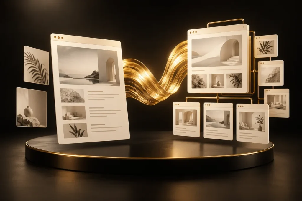Editorial website panels moving across a gold ribbon into a new site