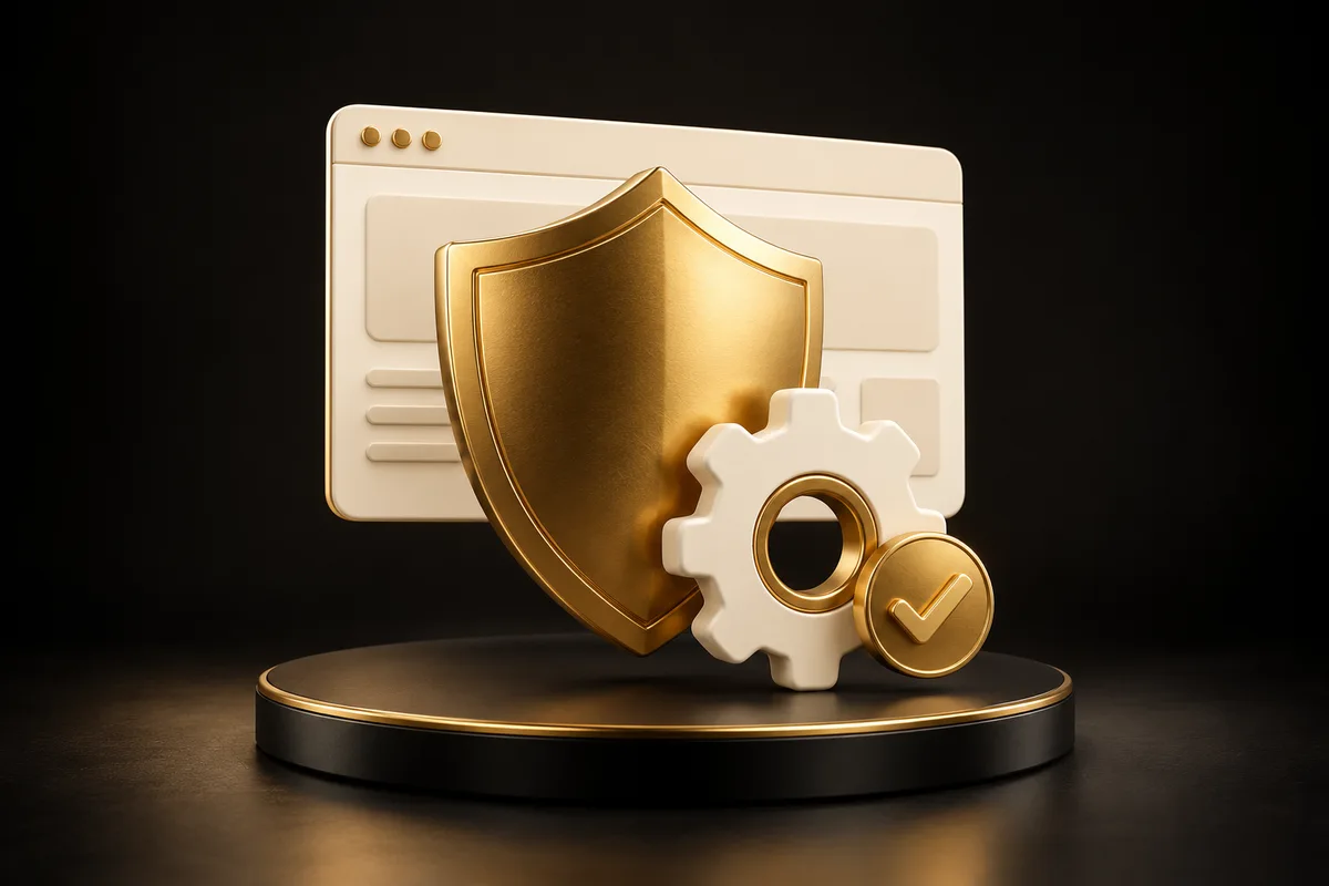Gold shield and cream gear protecting a website window