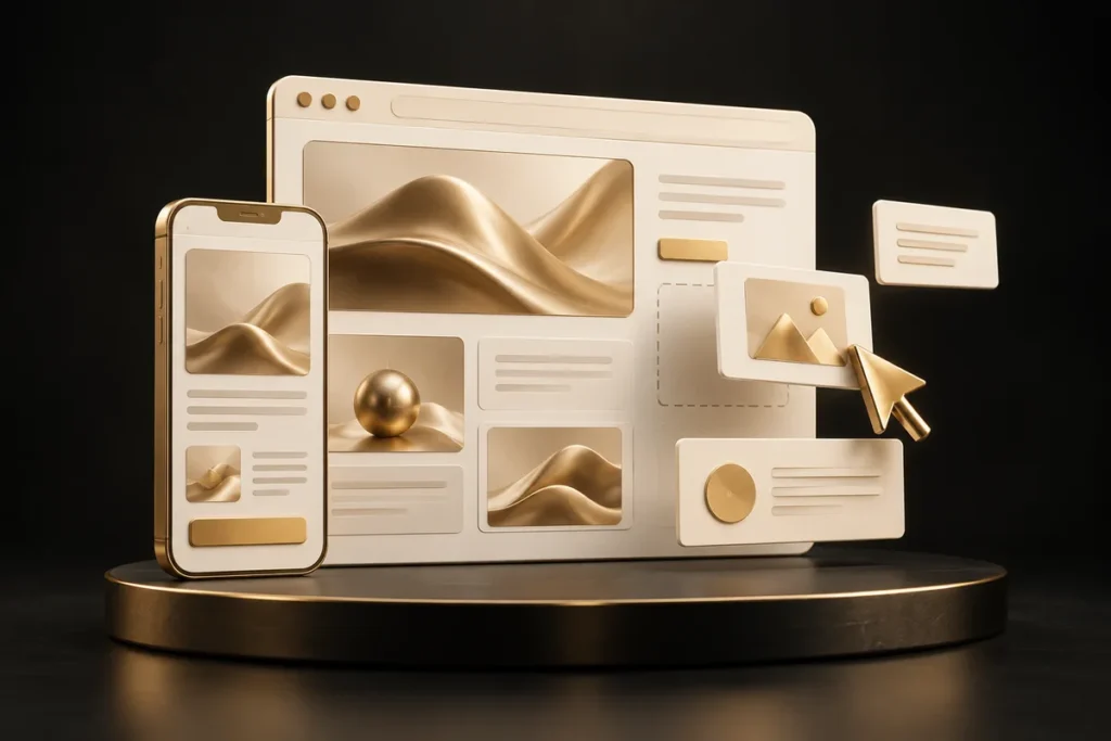 Cream desktop and mobile website layouts with gold design accents