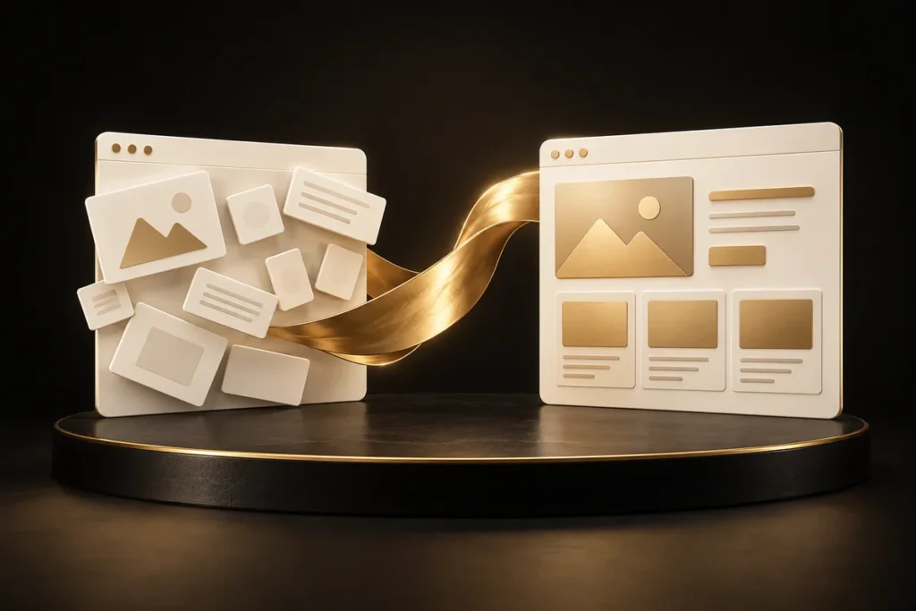Scattered cream website panels becoming an organized layout across a gold ribbon