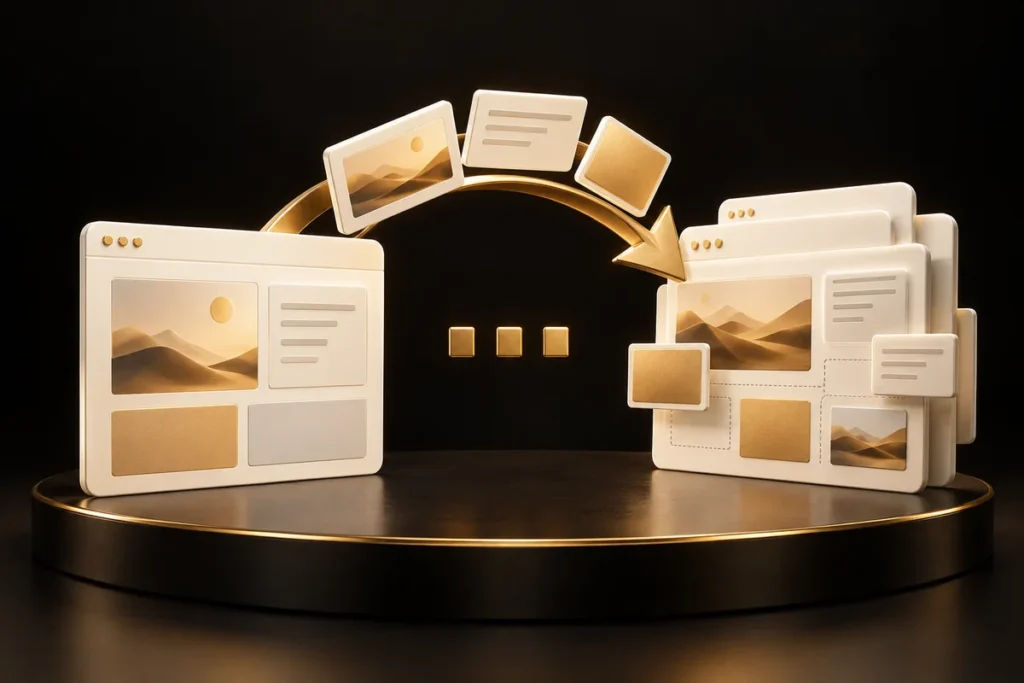 Website layout blocks moving between cream browser windows across a gold arch