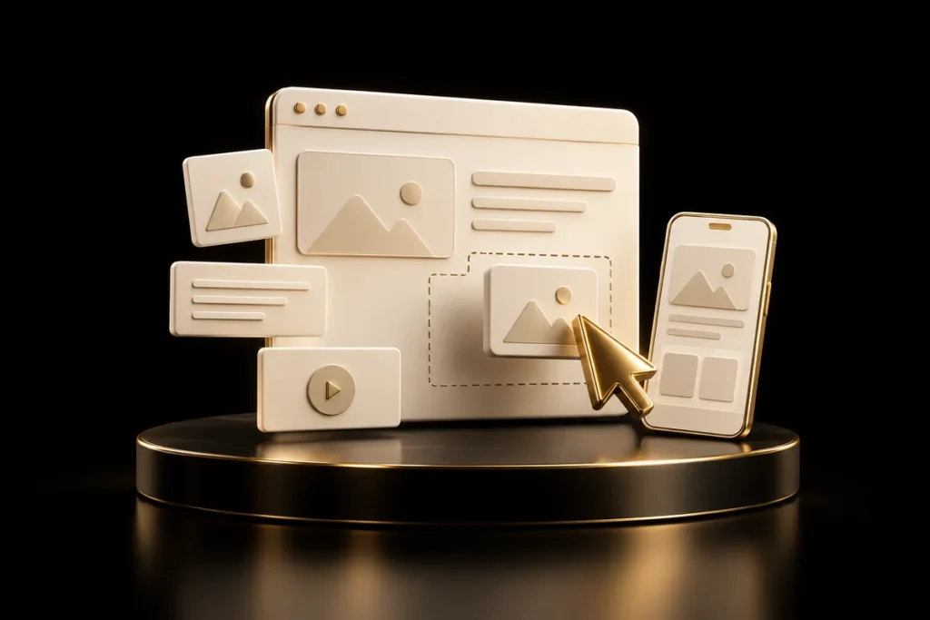 Modular cream website layout with a gold cursor and mobile preview
