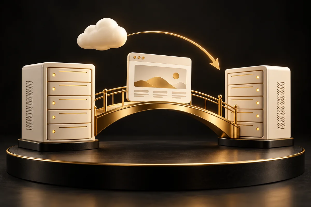 Cream servers connected by a gold bridge carrying a website window